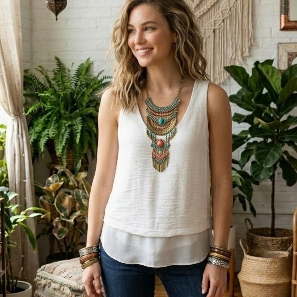 Rebecca Taylor Women 4 White Layered Split Back Tank Summer Boho Fairy Cottage